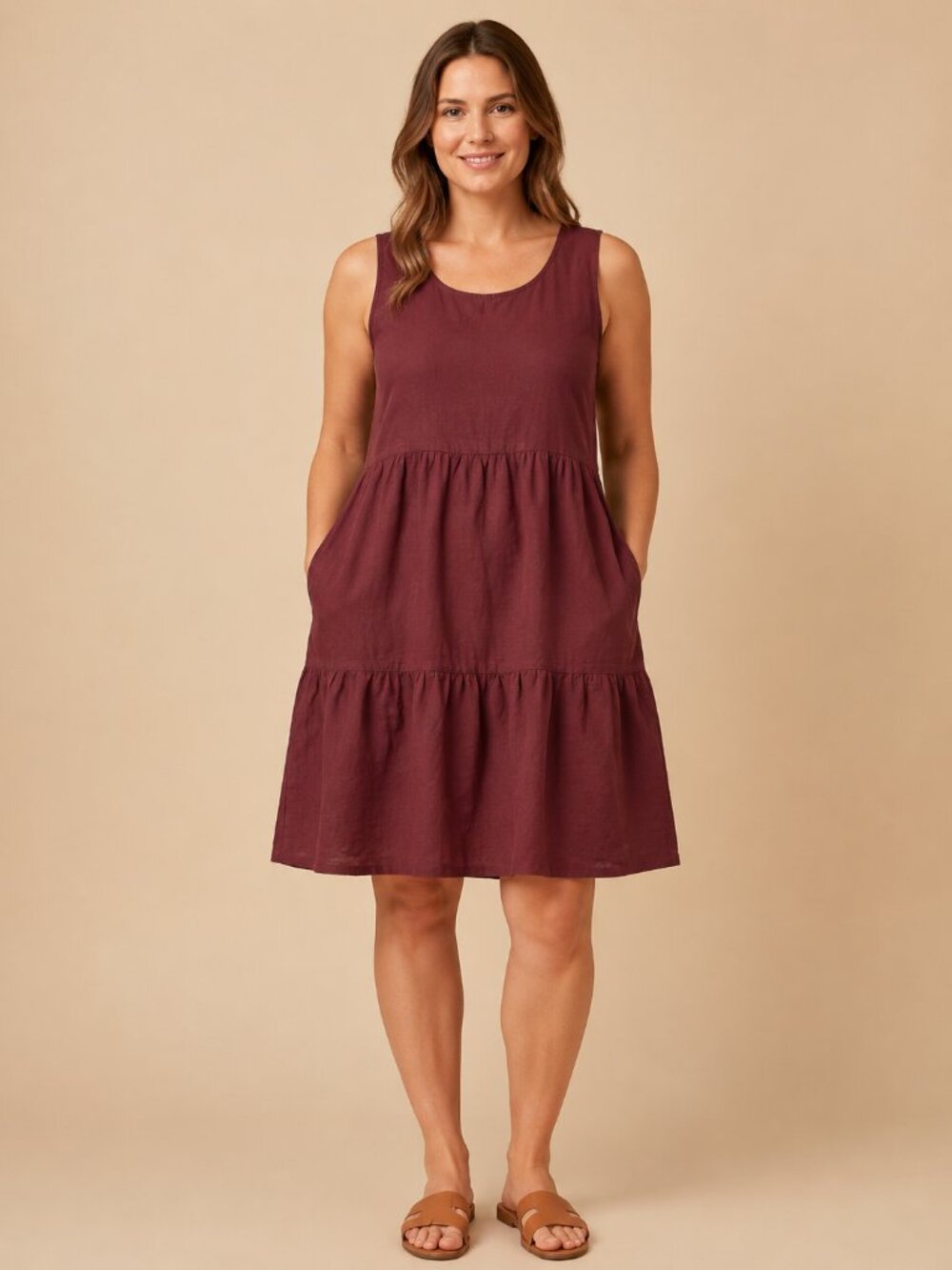 NWT Matty M Burgundy Linen Blend Tiered Dress Size Medium